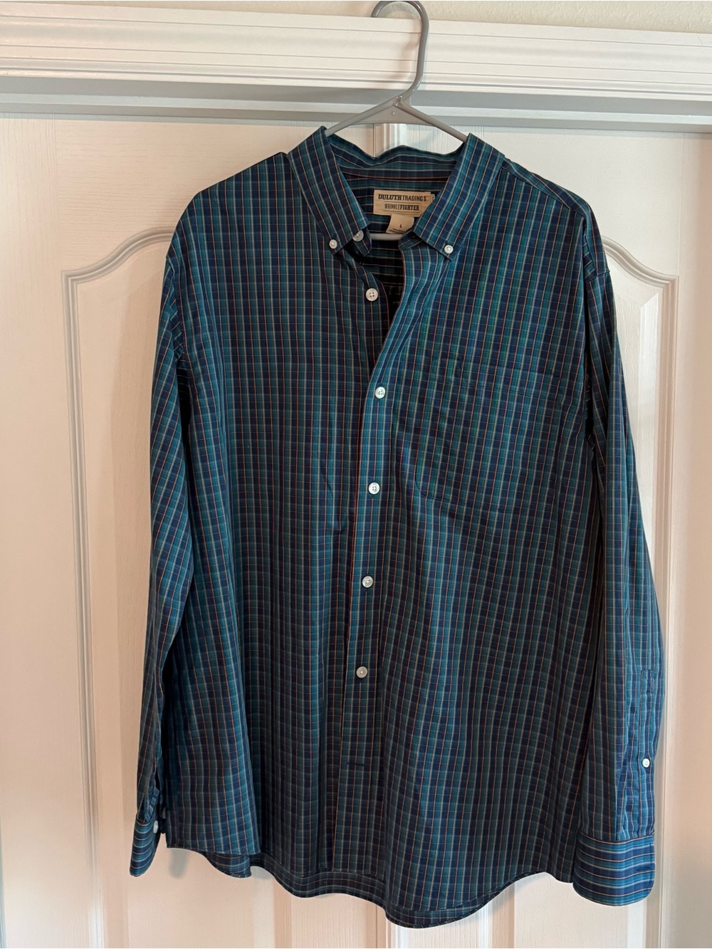 Duluth Trading Co Navy and Teal Plaid Button-Down Shirt